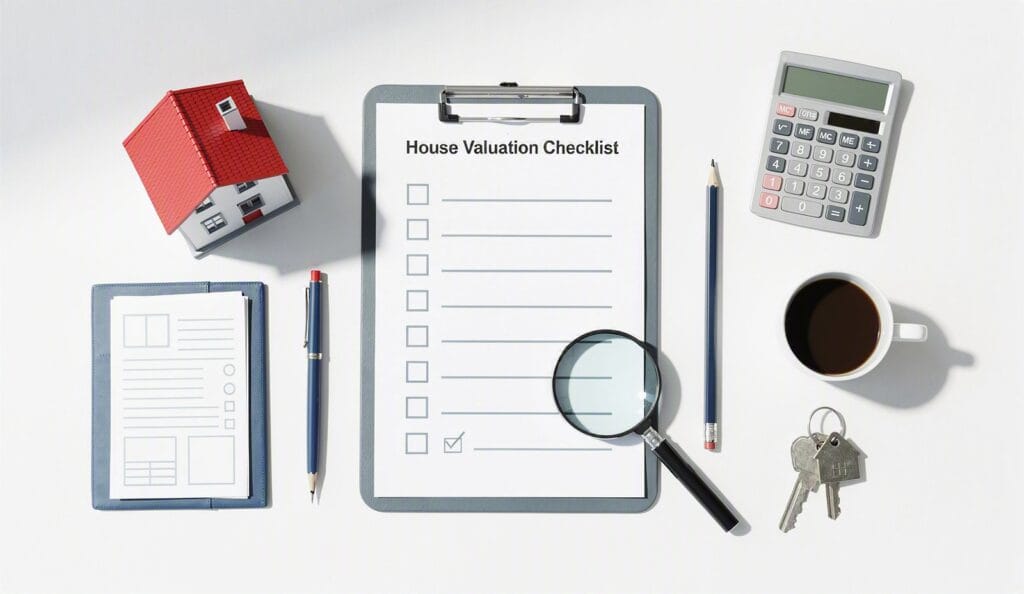 Clipboard titled 'House Valuation Checklist' with checkboxes and lines, surrounded by a red-roofed model house, notebook, pencil, magnifying glass, calculator, coffee cup, and house keys on a white surface.